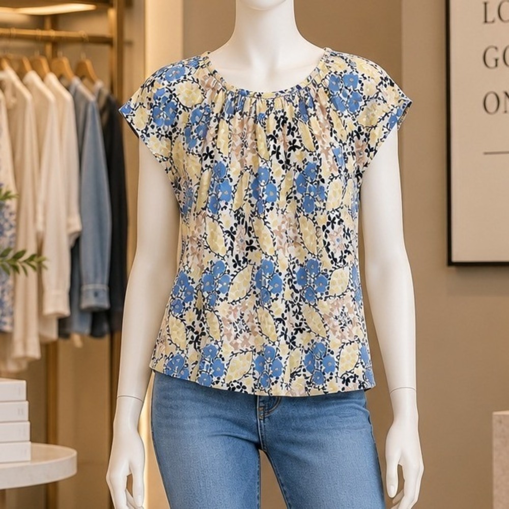 LOFT Blue Yellow Floral Flutter Sleeve Blouse Scoop Neck Petite XXSP